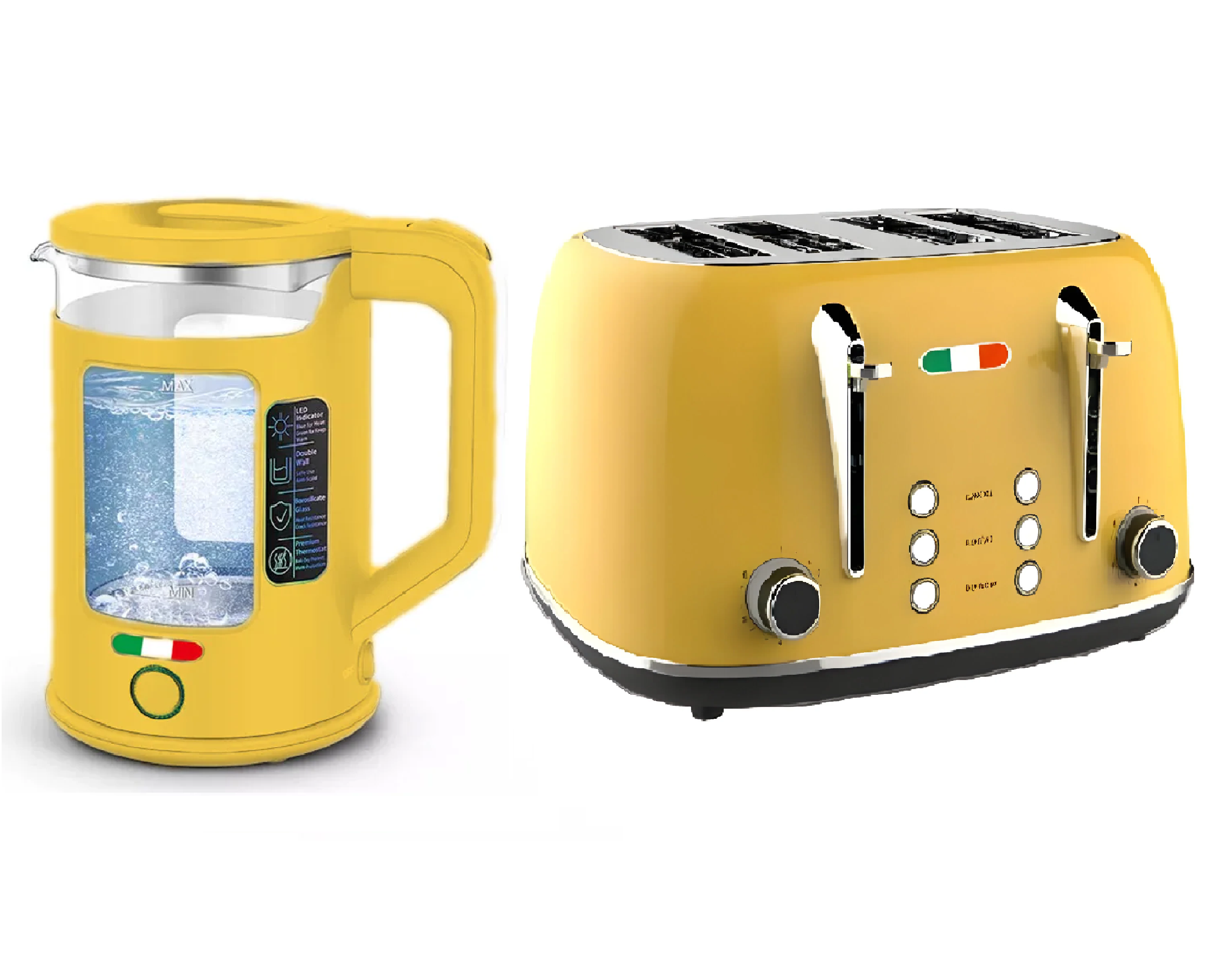 Vintage 4 Slice Toaster and 1.7L Glass Kettle Set - Yellow Modern Design - LED, Browning Control, Keep Warm - Chrome Trim - Stylish Kitchen Combo Vintage 4 Slice Toaster and 1.7L Glass Kettle Set - Yellow Modern Design - LED, Browning Control, Keep Warm - Chrome Trim - Stylish Kitchen Combo